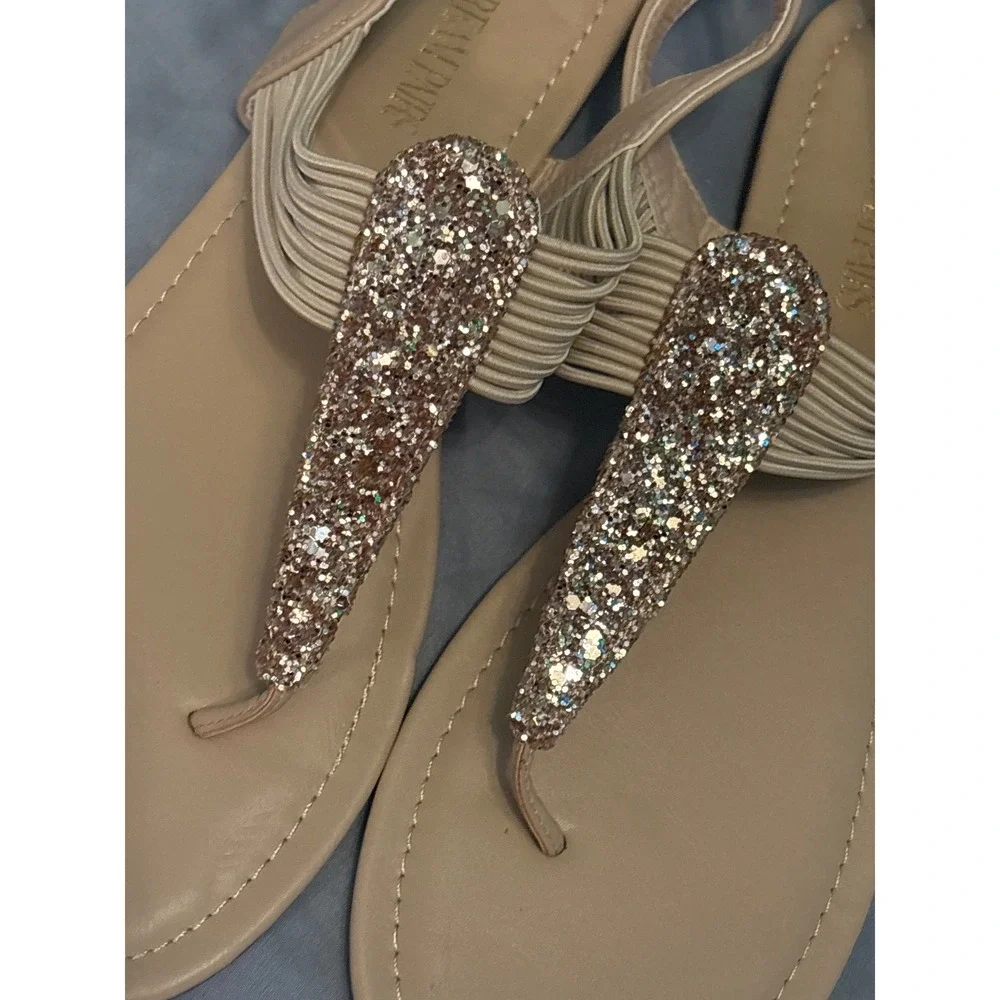NEW Dream Pairs Beige Glitter‎ Elastic Strappy String Thong Gladiator Sandals 11